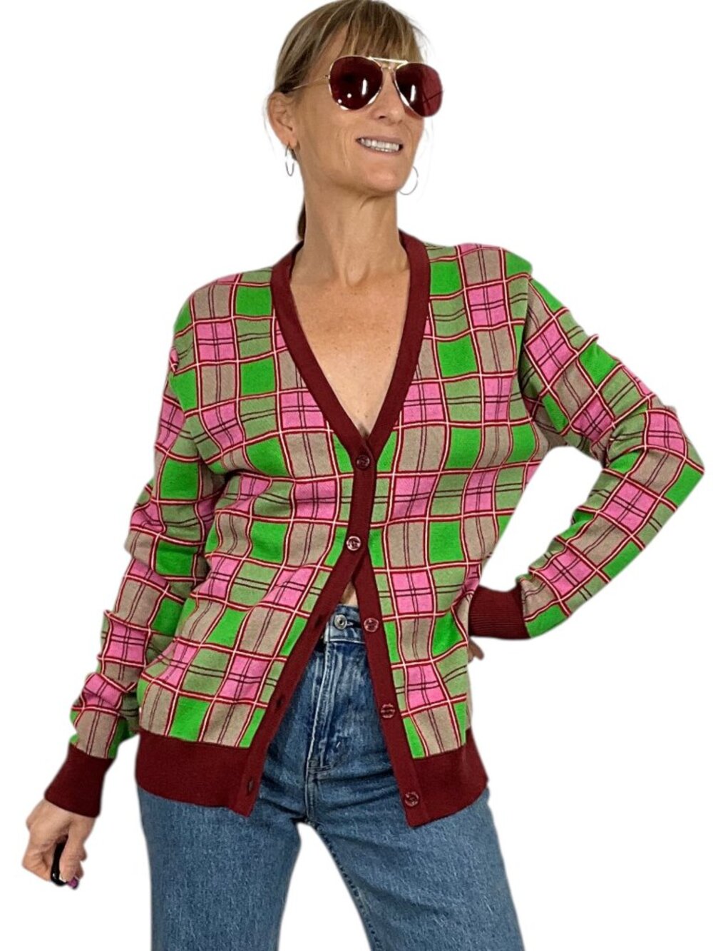 Molly Goddard Emma Cardigan Sweater M Pink Green Tartan Plaid Combed Cotton - Picture 16 of 16